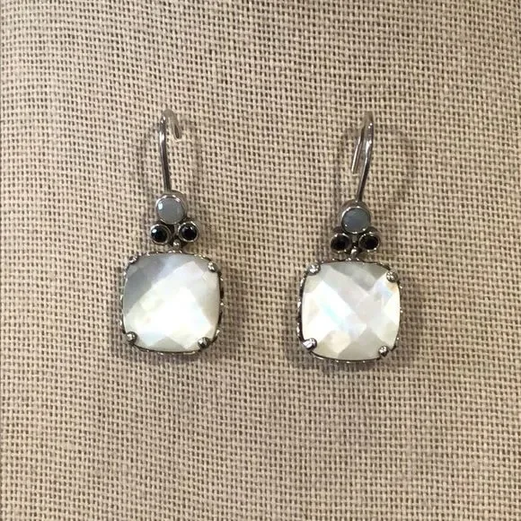 PANDORA Sterling Silver Cushion Cut Mother Of Pearl Drop Earrings AUTHENTIC
